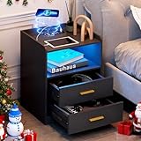dnbss Black LED Nightstand with Charging Station, Modern Night Stands with 24-Color RGB LED Lights, Smart Lighted Black Bedside Table with 2 Drawers for Bedroom