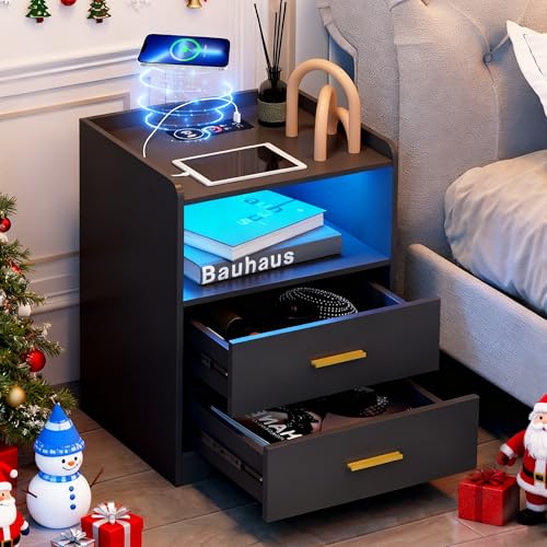 dnbss RGB Nightstand with Charging Station, Smart Bedside Table, Black