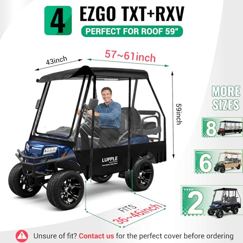 4 Passenger Golf Cart Enclosure for EZGO TXT RXV – Short Roof 59\" Enclosure, 2+2 Seater Winter Weather Protection with 600D Waterproof Windproof Oxford & 4-Sided Clear PVC Zippered Doors (Black) - Thumbnail 2