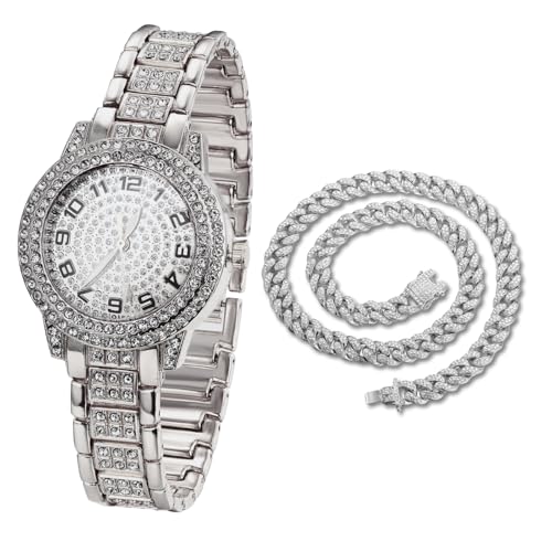 Image of Halukakah Diamonds Watch Iced Out for Boy Teens Kids - 18K Real Gold /Platinum Plated,Arabic Numerals Round Dial,Japanese Quartz - 7.7 inch Length - Optional with Cuban Link Chain - for Birthday,Parties