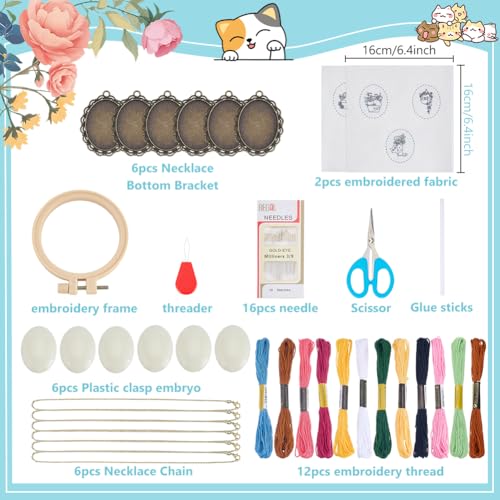 Image of INFUNLY 6 Set Retro Embroidery Pendant Kit for Beginner Cat Plant DIY Embroidery Stitching Necklace Mini Embroidery Stitch Kit Sewing Jewelry Kits with Hoop Instructions for Adults Art Gifts Hanging