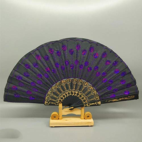WDCDYQDH Abanico plegable, plumas de lentejuelas negras y moradas, abanicos de mano grandes plegables chinos japoneses para fiestas de baile, regalos de boda, decoración del hogar