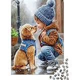 Child and Puppy Rain Adult Jigsaw Puzzle Boy Nuzzling Puppy Educational Game...