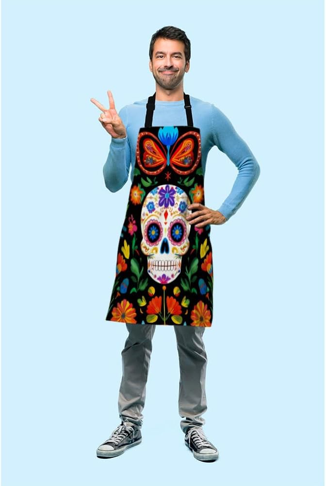 Mexican Sugar Skull Floral Kitchen Bib Apron Vintage Skeleton Head with Color Floral Leaves Polyester Adjustable Apron for Outdoor BBQ Gardening 27" X 31" for Chef Waitress - Image 3