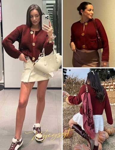 Image of Wyeysyt Womens Cropped Cardigan Sweaters Chunky Knit Gold Button Down Open Front Cardigan Long Sleeve Crop Crochet Sweaters
