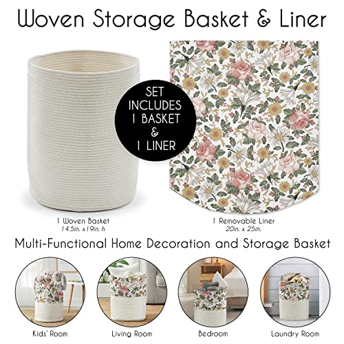 Sweet Jojo Designs Blush Pink Yellow Vintage Floral Boho Girl Woven Laundry Basket Hamper Cotton Rope Storage Bin Dirty Clothes Toy Closet Organizer Removeable Liner Bohemian Shabby Farmhouse Leaf #TOP4