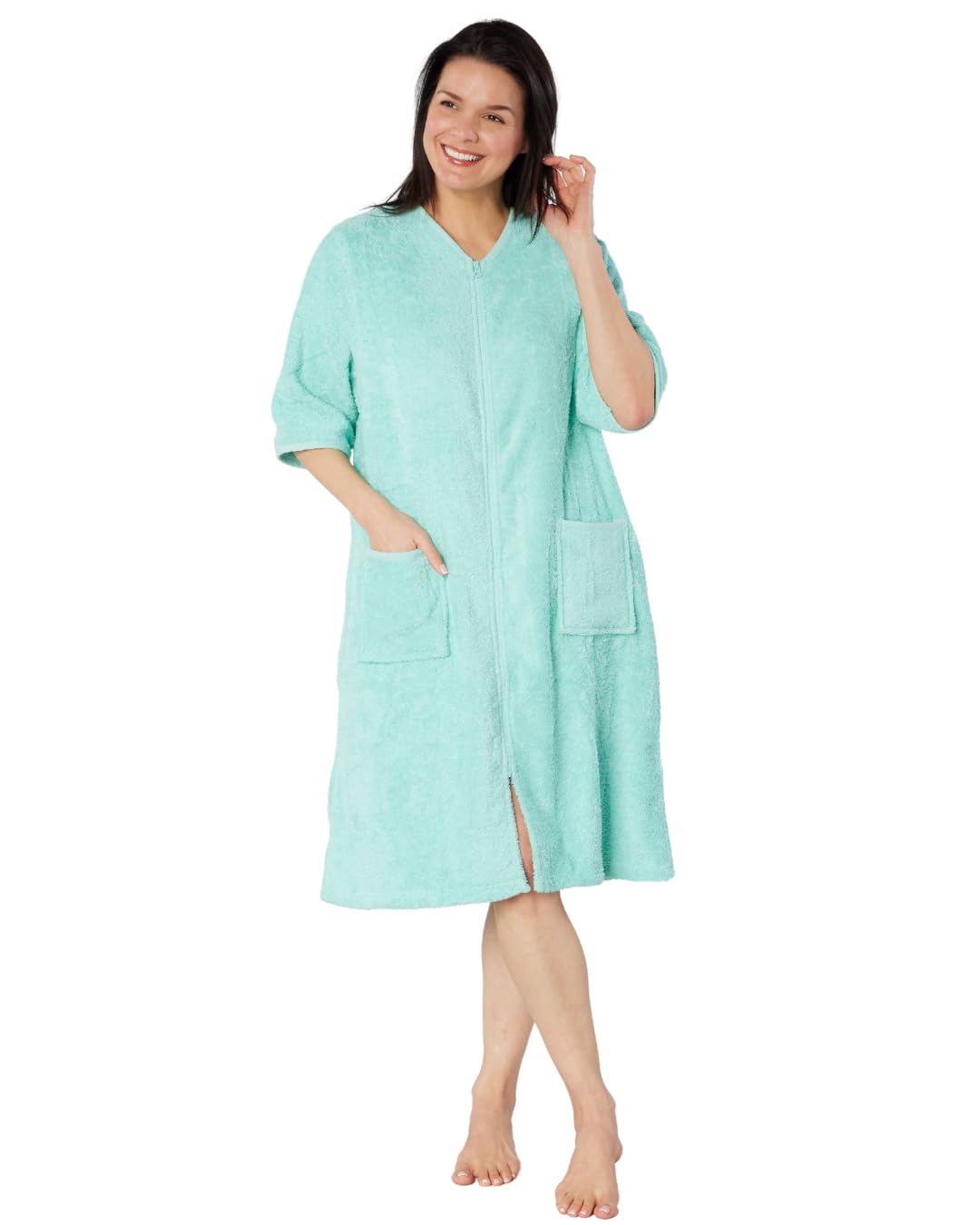 Suzy & Me Peignoir à manches 3/4 avec fermeture éclair 100 % coton pour femme | Manches 3/4, fermeture éclair, tissu éponge, 100 % coton