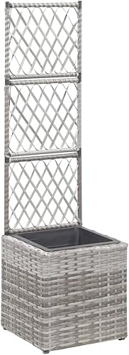 Cama elevada enrejada con 1 maceta de 11.8 x 11.8 x 42.1 pulgadas, poliéster ratán gris, cama de jardín elevada, macetas al aire libre para jardín