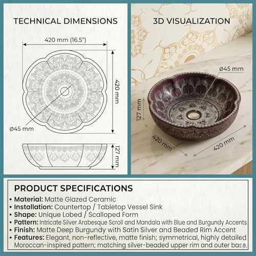 Image of BASSINO 16.5x16.5x5 Inches Designer Moroccan Ceramic Table Top Wash Basin /Matte Maroon Vanity Sink for Bathroom /Handcrafted Countertop Washbasin for Office /Hotel /Bathroom Basin(Matt)