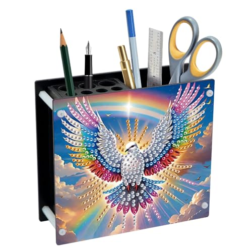 Image of DIY 5D Diamond Painting Pen Holder - Peaceful Rainbow Dove Pencil Cup for Inspirational Decor, Acrylic Diamond Art Pen Holder Organizer, 5D DIY Desk Organizer with Beads, for Craft Desk or Gift