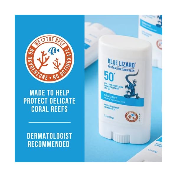 BLUE-LIZARD-Sensitive-Mineral-Sunscreen-Stick-with-Zinc-Oxide-SPF-50-Water-Resistant-UVA-UVB-Protection-Easy-to-Apply-Fragrance-Free-05-Oz BLUE LIZARD Sensitive Mineral Sunscreen Stick with Zinc Oxide, SPF 50+, Water Resistant, UVA UVB Protection Easy to Apply, Fragrance Free, 0.5 Oz