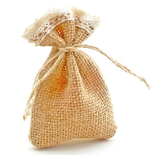 Mini sacs dragées en toile de jute et dentelle pour cadeau invité