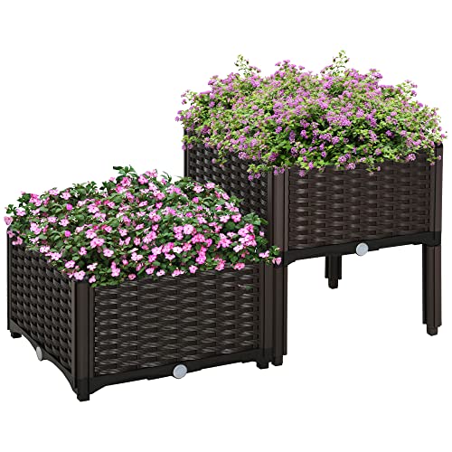 Outsunny Hochbeet, Pflanzkasten mit Abflusslöchern, Blumenkasten im Rattan-Look, PP, Braun, 40 x 40 x 44 cm