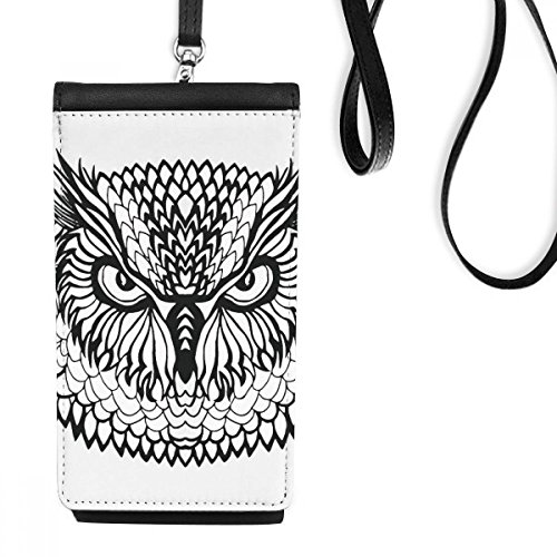 Bourse smartphone en cuir noir avec portrait hibou grand angle original