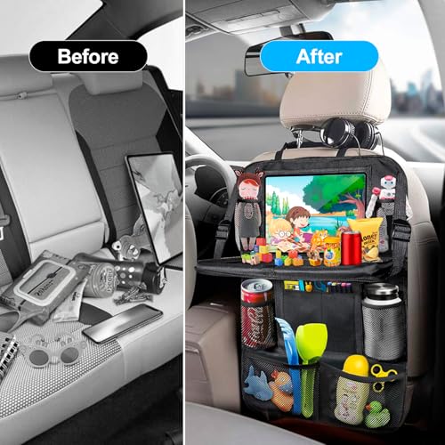 1 Stück Rückenlehnenschutz Auto Kinder mit 10 Zoll Tablet-Tasche, 600D Oxford Stoff Wasserdicht Autositz Rücksitz Organizer Autositzschoner Rückenlehne mit Klapptisch, Tablet Tasche und Viele Taschen