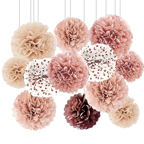 Image of XIKSXITN 12 pc Rose Gold Gradient Tissue Paper Pom poms-Hanging Gold Dot White Paper Pom Poms Paper Flowers Ball for Party Decorative(8&10&12 inch)
