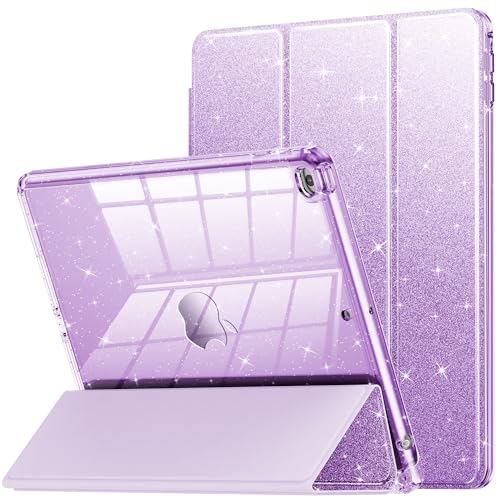 INFILAND Case for iPad 6th/5th Generation 9.7 Inch 2018/2017, iPad Air 2 Cute Glitter Clear Protective Cover for Kids, Girls, Woman, with Pencil Holder (Purple)