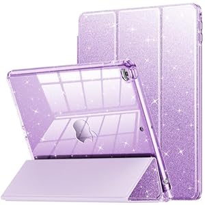 INFILAND Funda para iPad de 6ª/5ª generación de 9.7 pulgadas 2018/2017, iPad Air 2, bonita funda protectora transparente con purpurina para niños, niñas, mujeres, con soporte para lápices (morado)