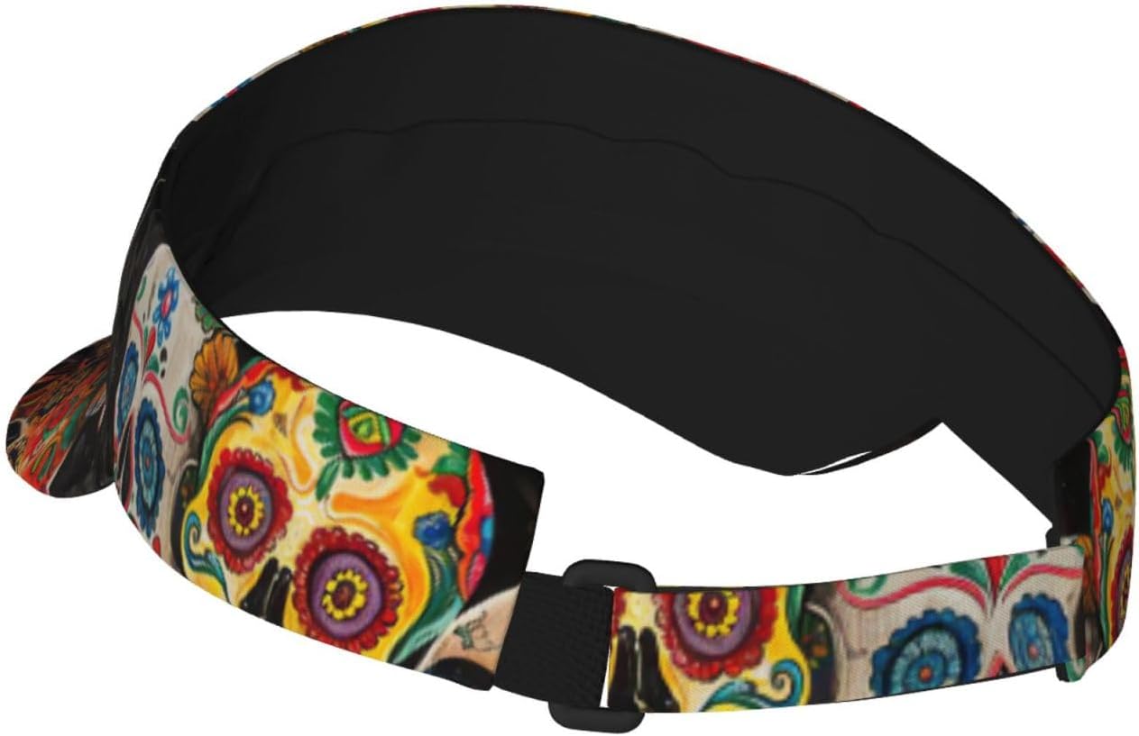 Sugar Skulls Print Sports Sun Visor Hats Adjustable Running Golf Tennis Sun Cap for Women Men Black