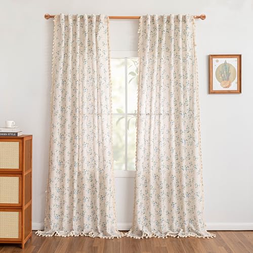 Image of MYSKY HOME Floral Boho Linen Curtains 96 Inches Length 2 Panels Set Blue Flower Patterned Light Filtering Spring Vintage Farmhouse Window Curtains with Tassel Beige Back Tab Dining Room, W50, Blue,