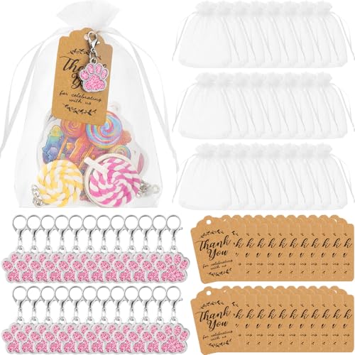 Cadeaux de fête patte de chien Ecation avec porte-clés et étiquettes kraft pour anniversaire - 74 pcs