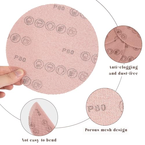 Kcmell 150mm Mesh Sanding Discs 80 Grit, 20Pcs 6 Inch Hook and Loop Sanding Pads, Dust Free Sanding Disc Anti-Clogging Grinding Polishing Sandpaper for Car Floor Wood Furniture