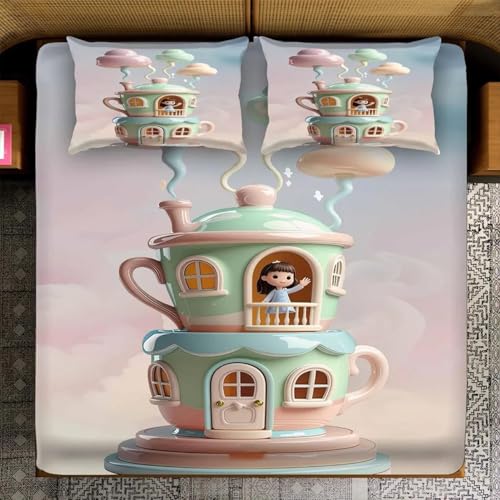 Image of 7D Fairy Tale Tea House Collection Double Bedsheet 90x100 inch with 2 Pillow Covers | Good Stitching, Soft Fabric & Vibrant 7D Digital Print for Kids & Couples (White)