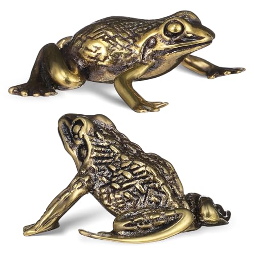 HOMSFOU 2 Stücke Frosch Figur Messing Statue Skulptur Dekofigur Chinesische Münzen Feng Shui Deko Objekt Glücksbringer Wohnzimmer Tischdeko Büro Schreibtisch Auto Armaturenbrett Dekoration