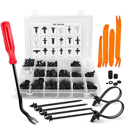 Lot de 456 clips de fixation universels pour habillage de portière, pare-chocs, baguettes de fixation en plastique avec outil de desserrage, serre-câbles et coussin éponge Cover