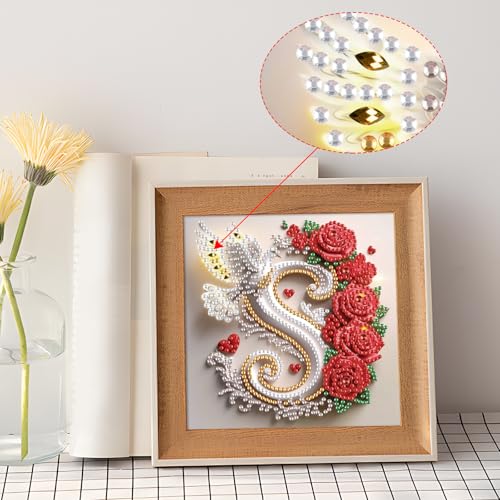 Image of AiYuanzsh 5D Diamond Art Kits for Adults Letter S, Floral Rose & Dove Special Shape Diamond Painting, Alphabet Diamond Art for Beginners DIY Crystal Rhinestones Craft and Wall Display 17x17cm