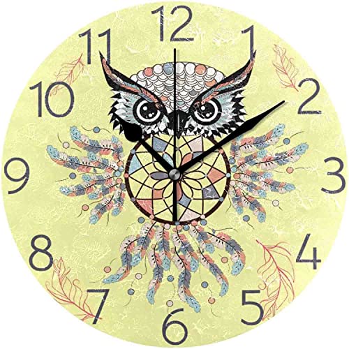 452 Ronde Horloge Murale Chouette Ornée avec Dream Catcher Pendule Murale sans Tic-Tac Décoration D'Intérieur Vintage Horloge pour Cuisine Bar Café