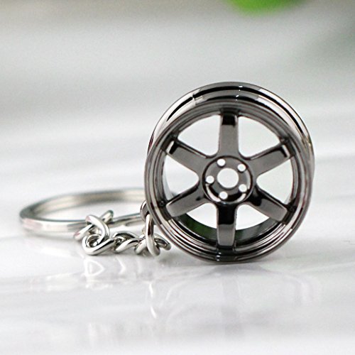 Image of maycom Creative Hot Auto Part Model TE37 Six Star Wheel Rim Tyre Keychain Keyring Key Chain Ring Keyfob Car Accessories (Black)