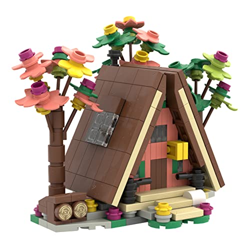 FOWOFTWT A-Frame Wooden Cabin Toy Building Set, MOC Mini Blocks Timber House with Flower and Tree for Adults(340 Pcs)