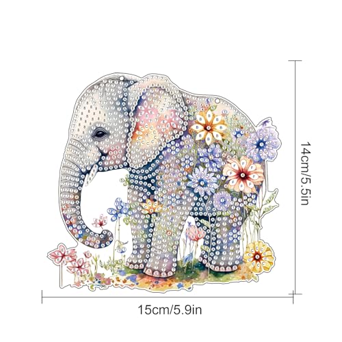 Image of Elephant and Flowers Diamond Painting Hanging Kit - DIY Acrylic Pendant with 5D Special Shaped Rhinestones, Decorative Art Board for Wall, Door or Garden, Handmade Gift for Creative Decor Lovers