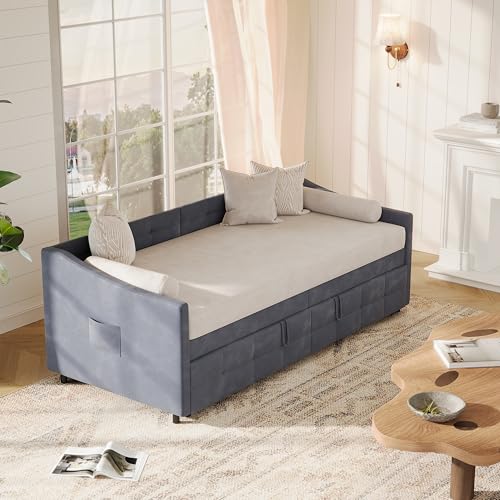WSOFZMO Schlafcouch Ausziehbar, Tagesbett Ausziehbar, Ausziehbett, Schlafcouch 180x200, Flanell, 90/180 x 200 cm, ohne Matratze (Grau)