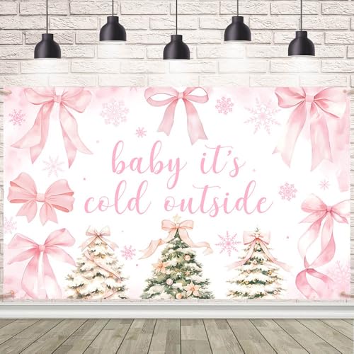 AIBIIN 7x5ft Pink Baby It's Cold Outside Baby Shower Backdrop Cute Bow Winter Woodland Baby Shower Party Decorations Snowflake Winter Photography Background