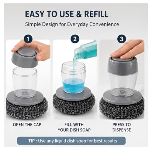 Image of Stainless Steel Wool Scrubber Set, One Scrubber with Handle and One Long-Handled Brush, for Cleaning Tableware and Cooking Tools