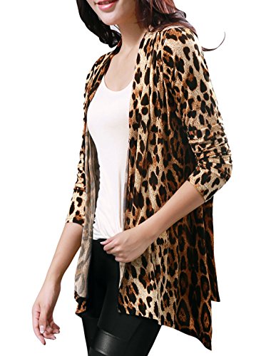 Allegra K Women Leopard Long Sleeve Open Front Boyfriend Cardigan Beige,Coffee M (US 10)