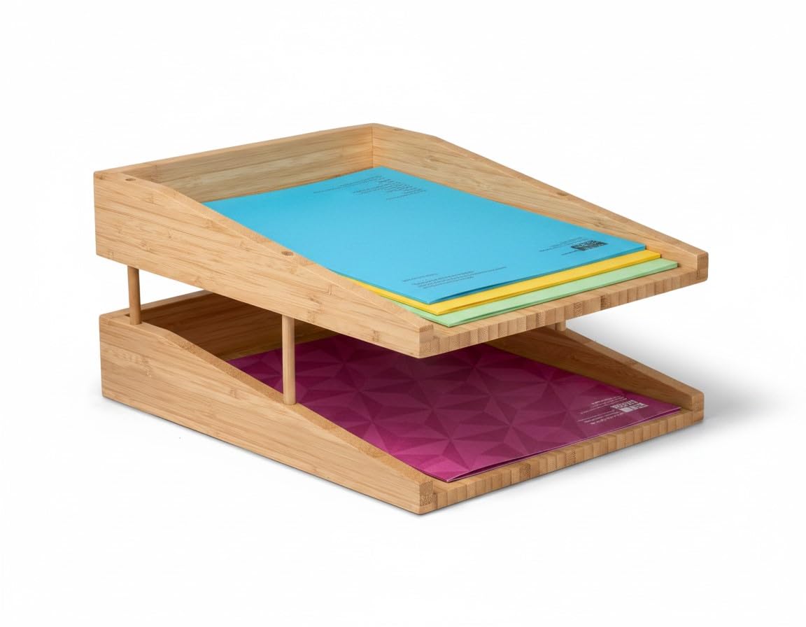 OSCO Bamboo Two Letter Trays with 8 Risers | 2 Trays | A4 | Easily Stackable | Desk File Organiser | Paper Storage | Office Document Sorter | Paperwork Filing | H16.2 x W26 x D33 cm