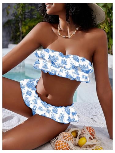 WDIRARA Women's Floral Bikini Set 2 Piece Bandeau Layered Ruffle Swimsuit Strapless Bathing Suit2