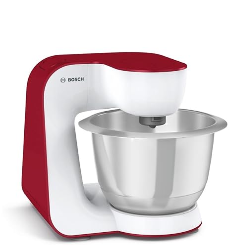 Bosch Küchenmaschine Serie 4 MUM54R00, XXL Edelstahl-Schüssel 3,9 L, Planetenrührwerk, Knethaken, Schlagbesen, Rührbesen Edelstahl, 7 Arbeitsstufen, 900 W, Weiß/Rot
