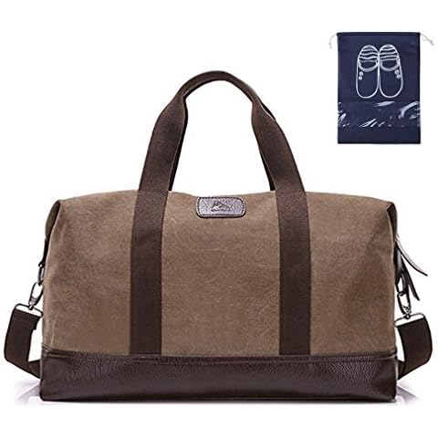 Sunshinejing Women Canvas Weekender Travel Tote Overnight Duffel Bag PU Trim Carry on Bags (Brown) Cover