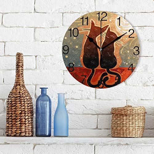 Senya Cats In Love With Moon Design Round Wall Clock, Silent Non Ticking Oil Painting Decorative For Home Office School Clock Art #TOP2
