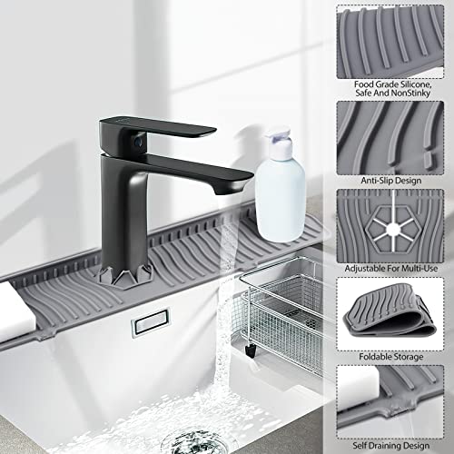 Kitchen Sink Splash Guard, 24.09’’ X 5.83’’ Sink Splash Guard Silicone Faucet Mat, Handle Drip Catcher Tray Behind Faucet, Sink Protectors For Kitchen Sink Accessories,Bathroom Sink Gadgets -Cool Grey #TOP2