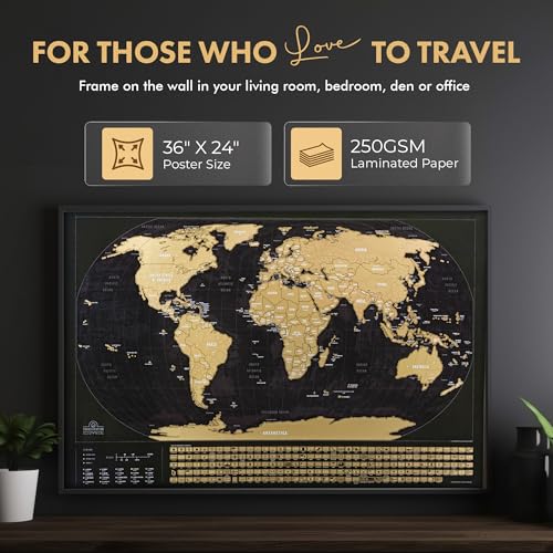 Travelization XL Scratch Off World Map with 196 Country Flags 36" x 24" Frameable World Map with Vibrant Colors and Premium Gold Coating, Beautiful Scratch Map for Travelers, Black