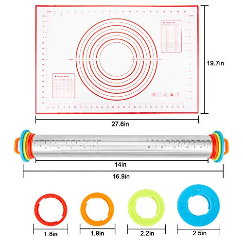 Rolling Pin, ENLOY Stainless Steel Adjustable Roller Pin with 4 Removable Thickness Rings and Silicone Red Pastry Mat for Baking Dough, Pizza, Pie, Pastries, Pasta, Cookies