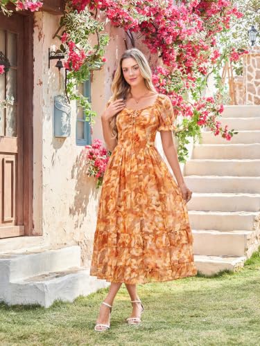 Image of Scarlet Darkness Women Floral Maxi Dress Puff Sleeve Tea Party Corset Dress | Pockets, Ruched Bust, Ruffled Hem, for Cottagecore Fairy Milkmaid Vacation