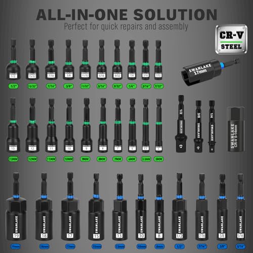 Image of 74-Piece Magnetic Nut Driver Set for Impact Drill Metric & SAE, Impact Socket Adapter, Power Bits with Magnetic Holder, Wing Nut Driver, Universal Socket, 1 /4'' Quick-change Bit Extension