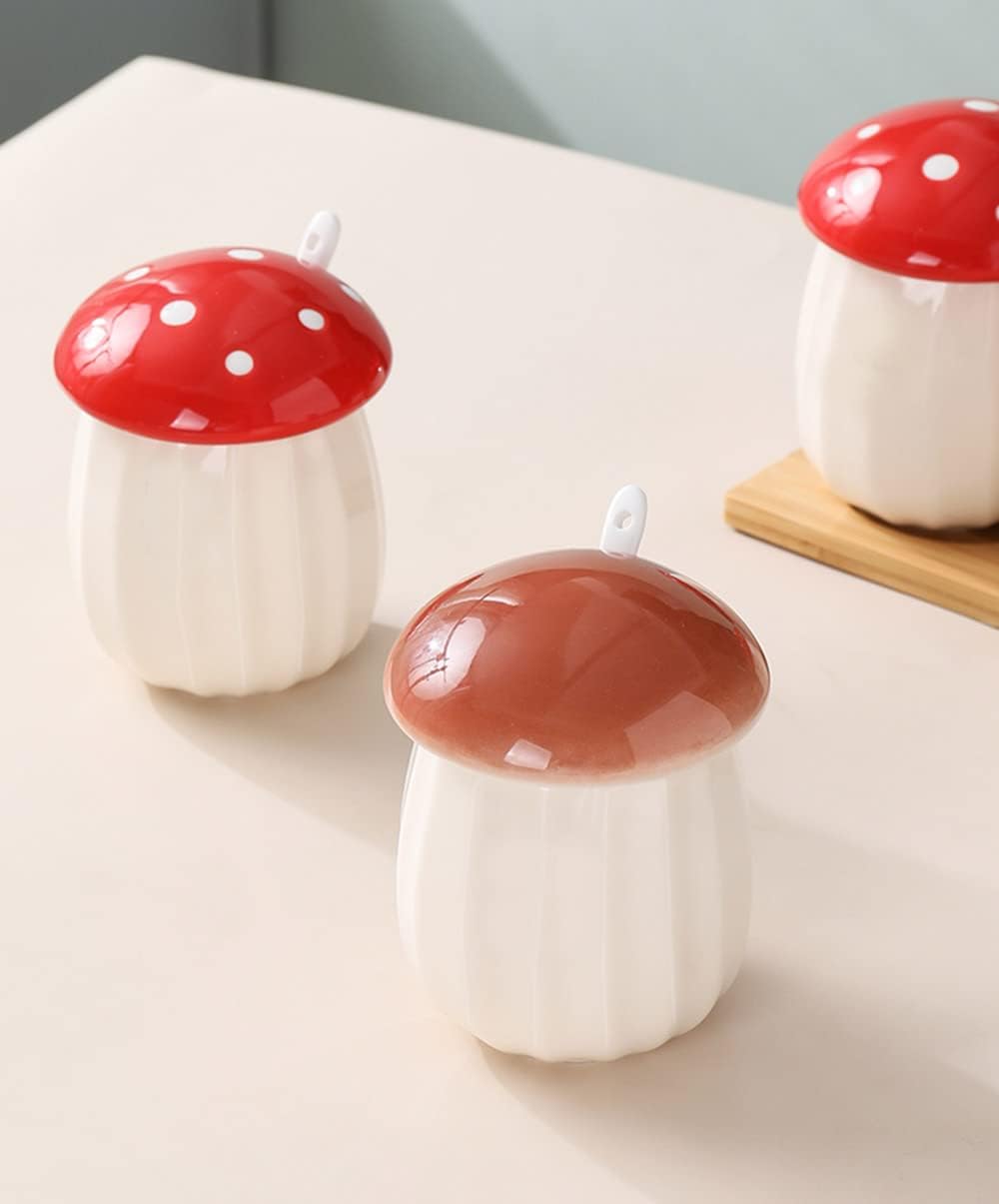 Ceramic Mushroom Shape Sugar Bowl Spice Jar Seasoning Pot with Lid Spoon