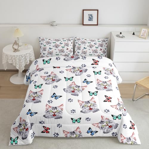 Image of Feelyou Kids Cute Cat Comforter Set Colorful Butterfly Cute Kitten Bedding Set for Boys Girls Cartoon Pet Cats Comforter Kawaii Animal Quilt Room Decor Duvet Set Full Size Boys